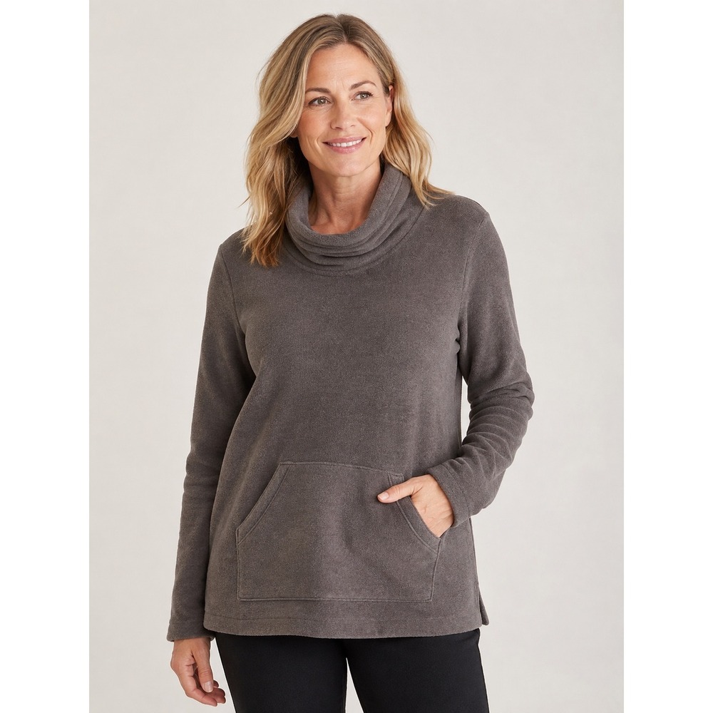 Escape by Habitat Clothes Women Gray Fleece Cowl Neck Kangaroo Pocket SZ L 16202
